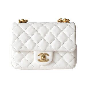 Chanel Shiny Lambskin Quilted Pearl Twist Square Flap Bag Gold Hardware White